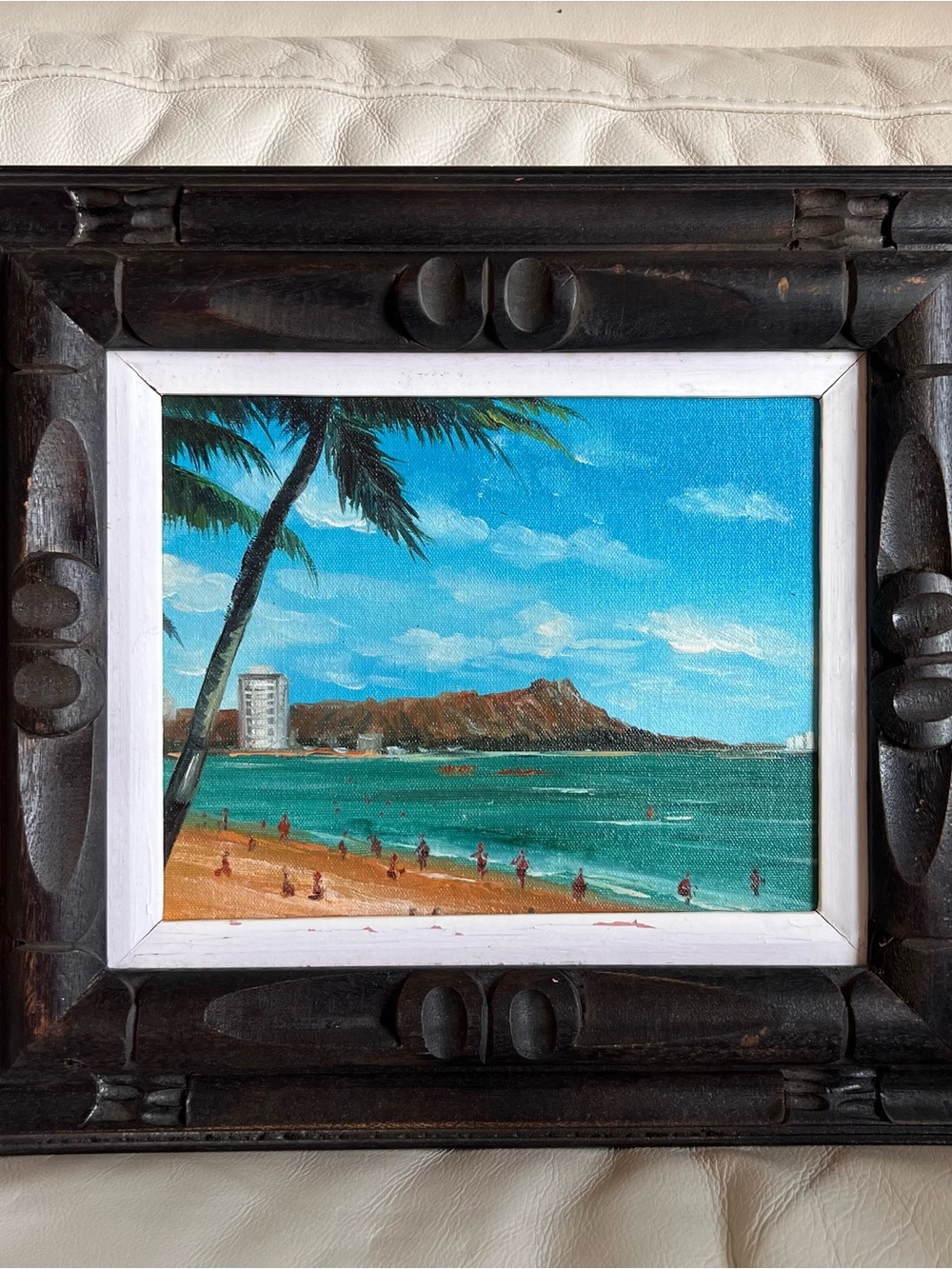 Tropical Beach Canvas Art in Teal and Blue Hawaii Swimming Carved Frame